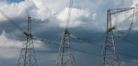 Header with power line poles. Industry and electricity site design elementの写真素材