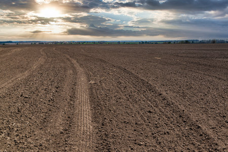 Plowed farm field at the sunset. Freshly cultivated agriculture fieldの写真素材
