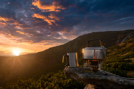 Cup of hot tea on the mountain top. Amazing mountain sunset with tourist stove, boiling teapot and a cup of tea. Symbol of vacation, freedom, outdoor exploration and wanderlust.の写真素材