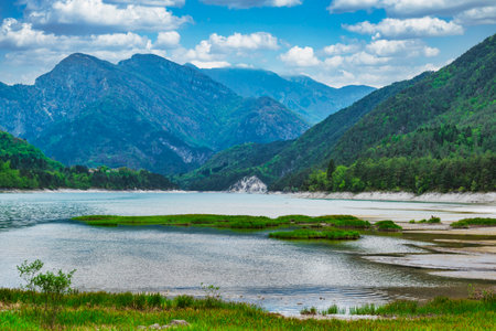Beautiful day on the mountain lake in Pordenone, Italy.の写真素材