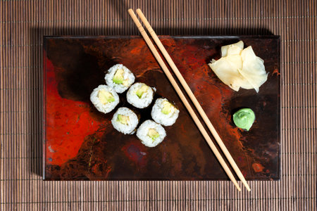 Avocado rolls in a Japanese restaurantの写真素材