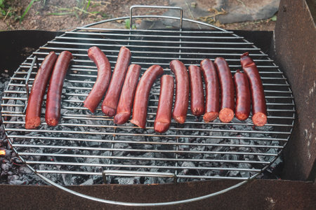 Tasty sausages on the barbeque grille. Summer outdoor picnicの写真素材
