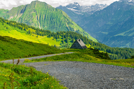Beautiful winding roads through the green alpine meadows and authentic mountain hut in Diedamskopf, Austria. Scenic nature of European Alpsの写真素材