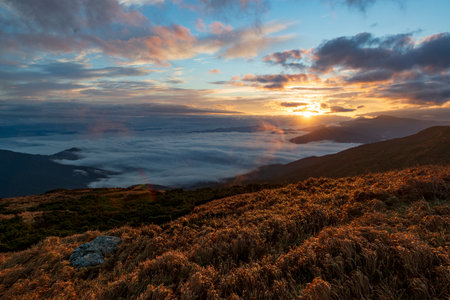 Amazing morning in the mountains. First rays of rising sun light the wildgrass on the hills and foggy valleys. Scenic outdoor landscapeの写真素材