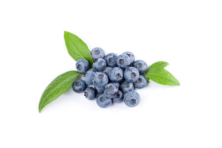 blueberries with green leaves isolated on white backgroundの写真素材
