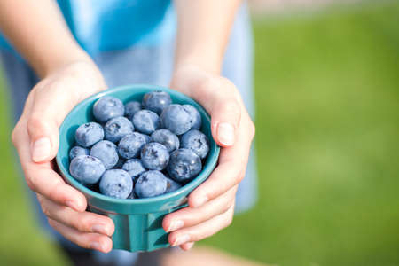 The girl is holding a bowl of blueberries. copy space.の写真素材