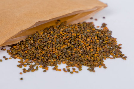 Arugula seeds and packaging, selective focus.