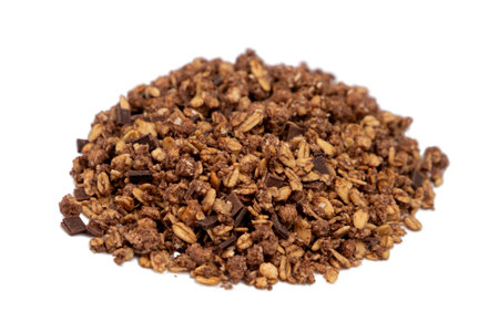 chocolate granola isolated on white background close up. healthy breakfastの写真素材