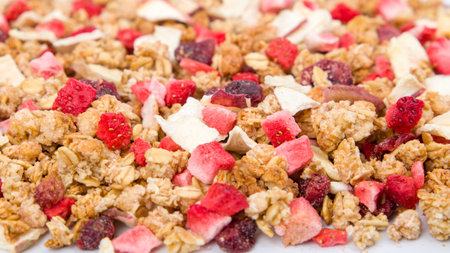 Fruit and berry granola. selective focus.の写真素材