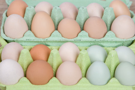Different types of chicken eggs in cardboard. selective focus.