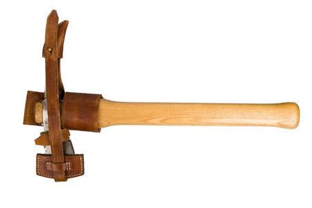Austrian ax pickaxe in a leather case. isolated on white.の写真素材