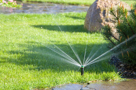 Garden irrigation system watering lawnの写真素材