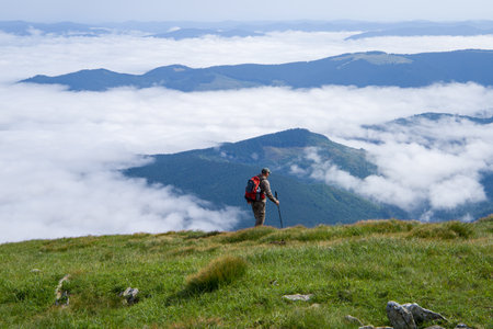 Hiker in the Carpathian mountains. Ukraine, Europe.の写真素材