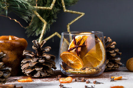 christmas composition with dried fruits and spices for mulled wineの写真素材