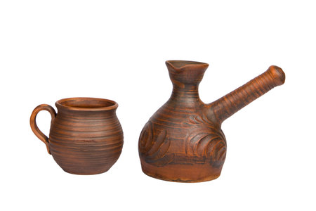 Ceramic clay Turk and clay cup. Isolated on white background.の写真素材