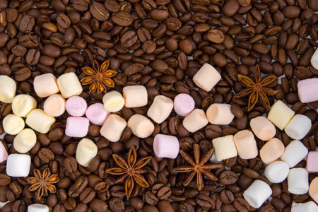 Coffee beans, anise and marshmallows.Top view.の写真素材