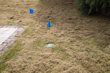 Blue flag on a stick in the garden. Marking the area with sprinklers on the lawn. Combing dry lawn.の写真素材