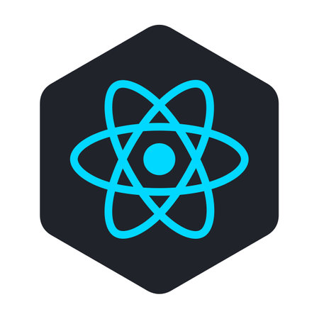 Blue React icon in a black hexagon. The emblem of a popular JavaScript framework.のイラスト素材