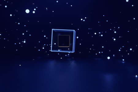 Rotating glass cube 3D rendering, magic tesseractの写真素材