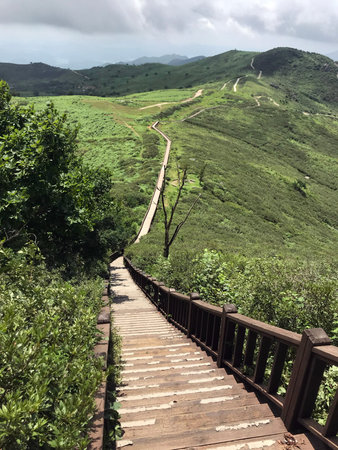 cloudy mountain ridge deck path