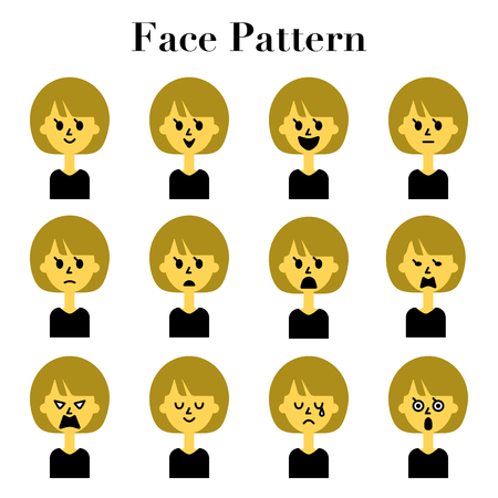 Short hair women simple and cute face facial expressions 12 pattern illustration Setのイラスト素材