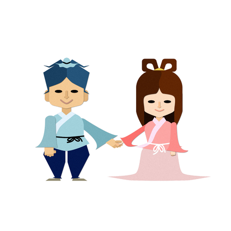 Illustration for the Tanabata event that is smiling at the hand of Orihime and hihoshi of three deformed body is holding handsのイラスト素材