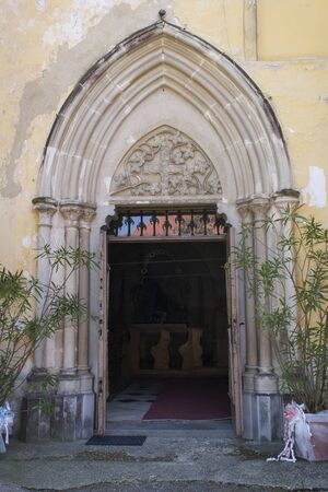 Entrance into the Church of Saint peter in Radovljica. Beautiful architectural doors in Slovenia. Religious are and architecture.の写真素材