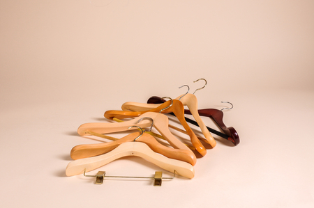A close up shot of wooden clothes hangerの写真素材