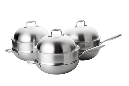 Stainless steel cooking pot on a white backgroundの写真素材
