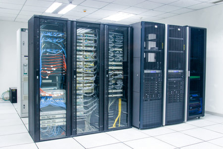 network server room with computers for digital tv ip communications and internet