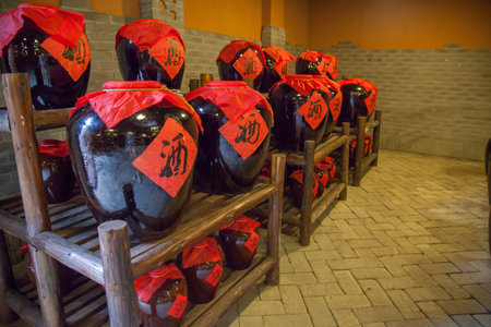 ceramic jar of rice wine, chinese national specialty wineのeditorial素材