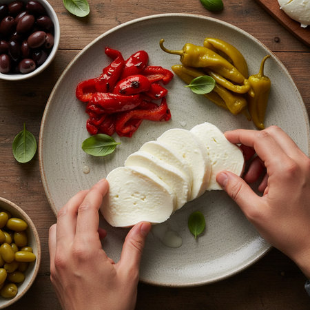 Female hands making mozzarella cheese on plate with olives, tomatoes and basil on wooden backgroundの素材