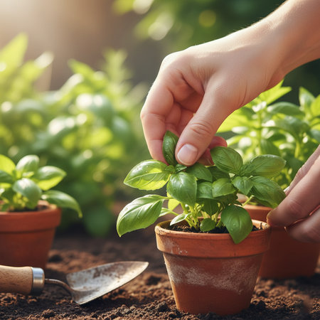 Female hands planting basil seedlings in pots. Gardening concept.の素材