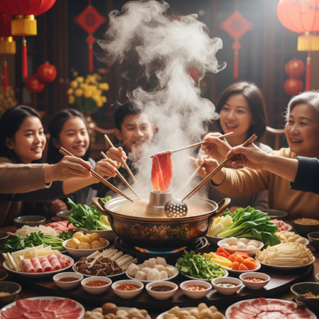 Group of Asian people eating chinese sukiyaki with chopsticks in the restaurantの素材