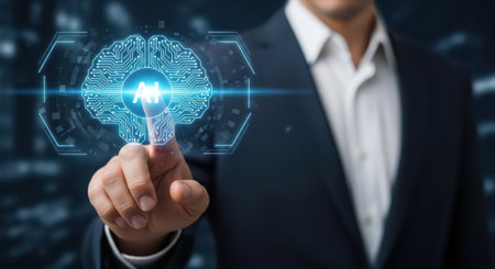 Businessman on blurred background using digital artificial intelligence interface 3D renderingの素材