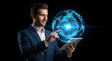 Businessman using tablet with polygonal sphere hologram over black backgroundの素材