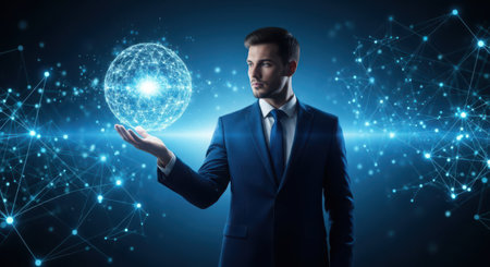 Businessman holding global network hologram over his hand 3D renderingの素材