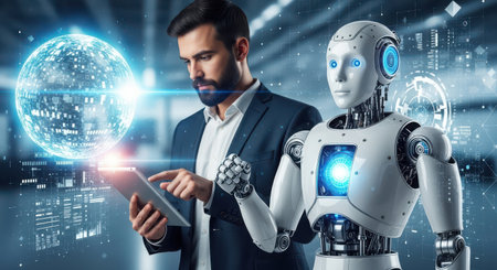 Young businessman and robot using tablet in modern office. 3D renderingの素材