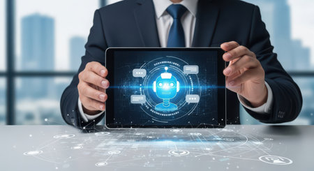 Businessman holding tablet with cyber security concept on screen 3D renderingの素材