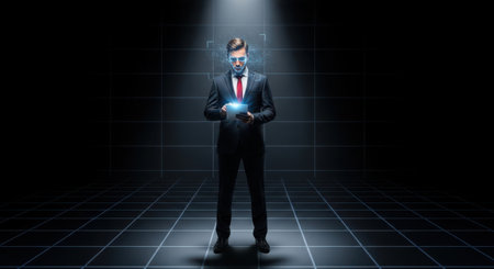 Businessman with virtual reality goggles and tablet in hands on dark backgroundの素材