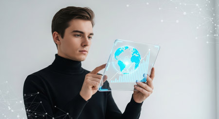 young man in black turtleneck using digital tablet with hologram of world mapの素材