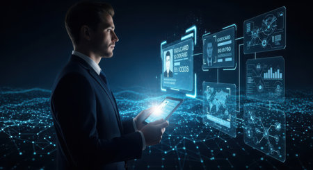 Businessman on blurred background using tablet with digital interface 3D renderingの素材