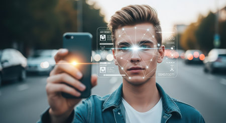 close up of young man using smartphone with virtual interface on city streetの素材