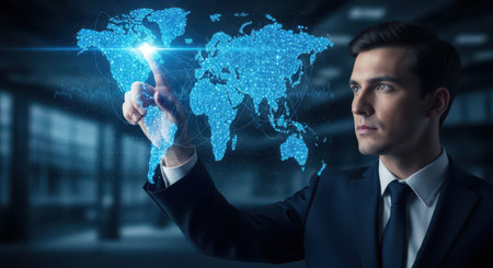 Businessman touching digital world map on virtual screen. 3D renderingの素材