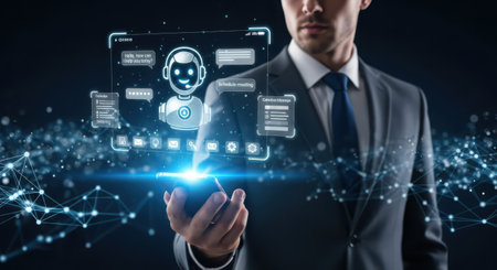 Businessman on blurred background using holographic artificial intelligence interface 3D renderingの素材