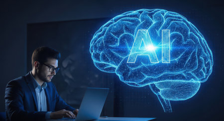 Side view of young businessman using laptop with AI hologram on blurry background. Artificial intelligence conceptの素材