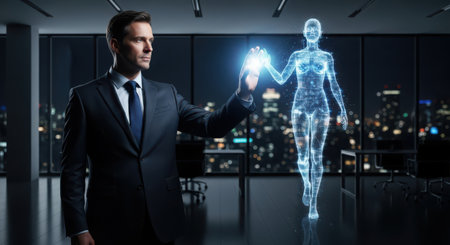 Businessman touching hologram of human body in office. Mixed mediaの素材