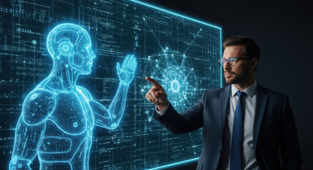 Businessman touching hologram screen with robot on dark background 3D renderingの素材