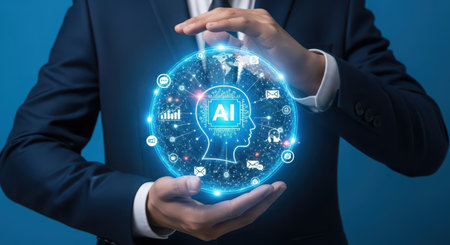 AI Learning and Artificial Intelligence Concept. Businessman holding digital hologram with AI symbol over blue background.の素材