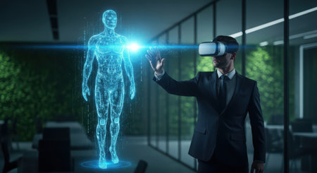 Businessman wearing vr headset and touching 3D rendering human body hologramの素材